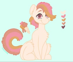 Size: 943x800 | Tagged: safe, artist:c_owokie, oc, oc only, earth pony, pony, blue background, chest fluff, earth pony oc, female, fluffy, food, heart, ice cream, ice cream cone, mare, reference sheet, simple background, sitting, smiling, solo