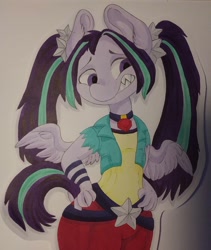 Size: 1080x1279 | Tagged: safe, artist:c_owokie, aria blaze, pegasus, anthro, g4, clothes, equestria girls ponified, female, jewelry, necklace, ponified, sharp teeth, solo, species swap, teeth, traditional art, wings