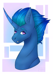 Size: 3307x4677 | Tagged: safe, artist:chrystal_company, oc, oc only, oc:lightning star, alicorn, pony, alicorn oc, bust, curved horn, ear fluff, grin, horn, simple background, smiling, solo