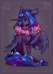 Size: 2894x4093 | Tagged: safe, artist:shore2020, princess luna, alicorn, pony, g4, eyes closed, female, floral necklace, solo