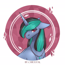 Size: 2362x2362 | Tagged: safe, artist:chrystal_company, oc, oc only, oc:nightmare chrystal, pony, unicorn, abstract background, bust, high res, horn, jewelry, necklace, red eyes, solo, unicorn oc