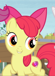 Size: 674x935 | Tagged: safe, screencap, apple bloom, earth pony, pony, g4, hard to say anything, adorabloom, cropped, cute, female, raised hoof, smiling, solo