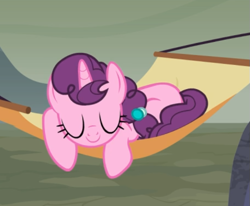 Size: 593x488 | Tagged: safe, screencap, sugar belle, pony, g4, hard to say anything, cropped, cute, eyes closed, female, hammock, sleeping, smiling, solo, sugarbetes