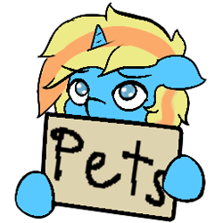 Size: 256x256 | Tagged: safe, artist:move, oc, oc only, oc:skydreams, pony, unicorn, asking for cuddles, blue eyes, blue fur, emotes, horn, pets, sign, solo, yellow mane