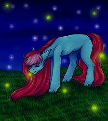 Size: 1080x1204 | Tagged: safe, artist:ash_helz, oc, oc only, firefly (insect), insect, pony, unicorn, eyes closed, grass, horn, night, outdoors, solo, unicorn oc