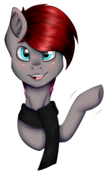 Size: 1492x2492 | Tagged: safe, artist:chazmazda, oc, oc only, oc:steelrhythm, pony, blushing, bust, clothes, commission, emote, eye shimmer, hair, highlight, highlights, hooves, portrait, scarf, shading, shine, simple background, solo, tongue out, transparent background, wave