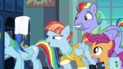 Size: 1280x720 | Tagged: safe, edit, edited screencap, screencap, bow hothoof, rainbow dash, scootaloo, windy whistles, pegasus, pony, g4, parental glideance, animated, female, filthy frank, it's time to stop, male, mare, sound, stallion, webm