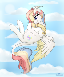 Size: 2500x3000 | Tagged: safe, artist:lionbun, oc, oc:rainbow dreams, pegasus, pony, belly, commission, female, floating, flying, high res, hoof on belly, horn, leonine tail, looking at belly, mare, multicolored hair, pregnant, rainbow hair, ribbon, sky, two toned wings, wings