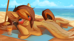 Size: 4098x2304 | Tagged: source needed, safe, artist:alkatoster, artist:lapa, oc, oc only, oc:aerion featherquill, pegasus, pony, commission, eyebrows, eyebrows visible through hair, female, glasses, heart shaped glasses, looking at you, mare, ocean, solo, spread wings, sunbathing, sunglasses, wings, ych result