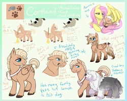 Size: 1920x1525 | Tagged: safe, artist:amiookamiwolf, fluttershy, oc, oc:cortland, oc:desorde, dog, hybrid, pony, g4, broom, colt, cuddling, female, freckles, interspecies offspring, male, messenger bag, mother and child, mother and son, mud, muddy, offspring, parent:big macintosh, parent:discord, parent:fluttershy, parent:princess celestia, parents:dislestia, parents:fluttermac, pet oc, reference sheet, stallion, tooth gap, wing hands, wings