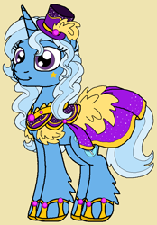 Size: 632x908 | Tagged: safe, artist:rosefang16, trixie, pony, unicorn, g4, alternate hairstyle, alternate universe, clothes, dress, ear fluff, female, hat, hoof shoes, leg fluff, mare, petitverse, simple background, solo, top hat, yellow background