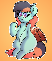 Size: 913x1086 | Tagged: safe, artist:retro_hearts, oc, oc only, oc:coral reef, bat pony, pony, belly, belly button, female, gradient background, looking at you, mare, sitting, solo