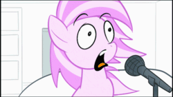 Size: 479x270 | Tagged: safe, artist:earth_pony_colds, oc, oc only, oc:cherry bloom, animated, cursed image, game grumps, gif, gift art, impossibly long neck, meme, microphone, neck stretching, parody, singing, wat