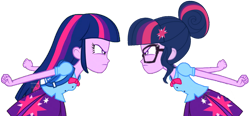 Size: 3074x1431 | Tagged: safe, artist:syringe-rifle-hornet, sci-twi, twilight sparkle, equestria girls, g4, duality, frown, glare, looking at each other, self paradox, simple background, transparent background, twolight
