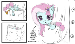 Size: 3000x1766 | Tagged: safe, artist:chopsticks, kerfuffle, pegasus, pony, g4, amputee, butt, cheek fluff, chopsticks is trying to murder us, clothes, comic, cute, dialogue, ear fluff, female, flapping, fufflebetes, giant/tiny, looking at you, mare, plot, pocket, pocket pony, prosthetics, solo, text, tiny, tiny ponies, unshorn fetlocks, weapons-grade cute