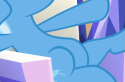 Size: 609x399 | Tagged: safe, screencap, trixie, pony, all bottled up, g4, belly, cropped, female, friendship throne, pictures of bellies, sitting, solo
