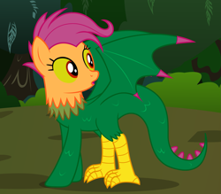 Size: 2419x2115 | Tagged: safe, artist:badumsquish, derpibooru exclusive, scootaloo, cockatrice, cockatrice pony, hybrid, monster pony, original species, pony, g4, confused, female, forest, high res, looking back, older, older scootaloo, red eyes, scootachicken, scootatrice, show accurate, solo, species swap, spread wings, wings