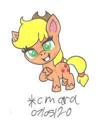 Size: 634x811 | Tagged: safe, artist:cmara, applejack, earth pony, pony, g4.5, my little pony: pony life, applejack's hat, bedroom eyes, cowboy hat, female, grin, hat, mare, raised hoof, simple background, smiling, solo, traditional art, white background