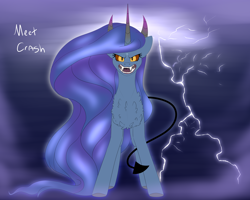 Size: 5000x4000 | Tagged: safe, artist:chazmazda, oc, oc only, oc:crash, demon, pony, colored, devil tail, dissociative identity disorder, flat colors, hair, highlights, hooves, horns, lightning, long hair, persecutor, sharp teeth, slit pupils, solo, storm, teeth