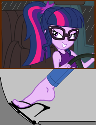 Size: 1138x1493 | Tagged: safe, sci-twi, twilight sparkle, equestria girls, g4, car, clothes, driving, feet, female, fetish, foot fetish, foot focus, high heels, legs, pedal, pedal pump, pedaling, pictures of legs, sandals, shoes, solo, stiletto heels