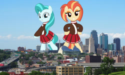 Size: 1000x600 | Tagged: safe, artist:jhayarr23, artist:theotterpony, lighthoof, shimmy shake, earth pony, pony, g4, bipedal, cheerleader outfit, clothes, duo, female, giant pony, giant/macro earth pony, highrise ponies, irl, kansas city, macro, mare, mega giant, missouri, photo, ponies in real life, story included, vector
