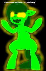 Size: 1969x3046 | Tagged: safe, artist:mellow91, artist:smoldix, edit, oc, oc only, oc:filly anon, oc:the supreme being, pony, angry, anonymous, autism, autistic screeching, bipedal, black background, chest, chest fluff, descriptive noise, female, filly, fluffy, glowing eyes, meme, open mouth, possessed, screeching, simple background, solo, underhoof, yellow eyes