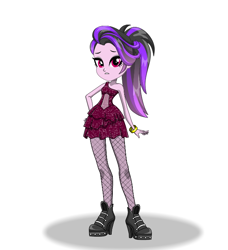 Size: 584x640 | Tagged: safe, oc, oc only, oc:glitter edge, equestria girls, g4, bare shoulders, clothes, clothes swap, dress, eqg promo pose set, equestria girls creator, fishnet stockings, heeled boots, sleeveless