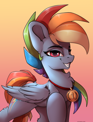 Size: 2300x3000 | Tagged: safe, artist:skitsroom, rainbow dash, pegasus, pony, g4, g4.5, my little pony: pony life, 1st place, backwards cutie mark, chest fluff, cute, female, g4.5 to g4, grin, high res, looking at you, mare, medal, simple background, smiling, smug, solo, wings