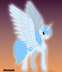 Size: 3000x3472 | Tagged: safe, artist:chazmazda, oc, oc only, oc:icefumy, alicorn, pony, alicorn oc, blue hair, concave belly, eye shimmer, feather, flat colors, full body, glowing, gradient background, hair, high res, hooves, horn, shine, shiny eyes, slender, solo, spread wings, thin, wings