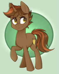 Size: 2165x2700 | Tagged: safe, artist:higglytownhero, oc, oc only, oc:shadowheart, pony, unicorn, abstract background, commission, cool, golden eyes, high res, male, raised hoof, smiling, solo, stallion