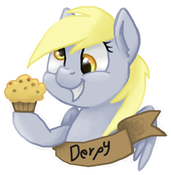 Size: 534x548 | Tagged: safe, artist:nebula210, derpy hooves, pegasus, pony, g4, bust, cute, derpabetes, female, mare, muffin, old banner, simple background, smiling, solo, that pony sure does love muffins, transparent background