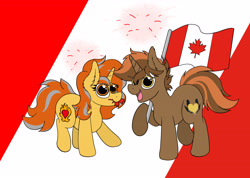 Size: 4205x3000 | Tagged: safe, artist:aaathebap, oc, oc only, oc:cinderheart, oc:shadowheart, pony, unicorn, canada, canada day, canadian flag, celebration, commission, maple leaf, raised hoof, siblings, twins