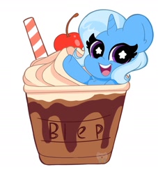 Size: 2000x2200 | Tagged: safe, artist:kittyrosie, trixie, pony, unicorn, g4, cherry, chest fluff, cute, diatrixes, drink, female, food, frappe, high res, mare, open mouth, playskool, ponies in food, simple background, smiling, solo, starry eyes, straw, whipped cream, white background, wingding eyes
