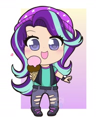 Size: 1722x2200 | Tagged: safe, artist:kittyrosie, starlight glimmer, human, equestria girls, equestria girls specials, g4, my little pony equestria girls: mirror magic, abstract background, beanie, blushing, chibi, clothes, cute, female, glimmerbetes, hat, heart, human coloration, humanized, jeans, looking at you, open mouth, pants, ripped jeans, solo, that human sure does love ice cream, that pony sure does love ice cream