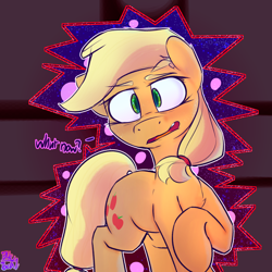 Size: 3000x3000 | Tagged: safe, artist:packy paca, applejack, earth pony, pony, g4, angry, hatless, high res, looking at you, missing accessory, text
