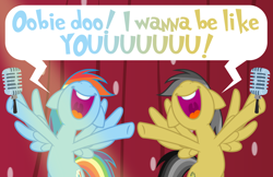 Size: 2000x1294 | Tagged: safe, artist:mypaintedmelody, daring do, rainbow dash, pegasus, pony, g4, curtains, disney, duo, duo female, female, mare, microphone, missing accessory, movie reference, nose in the air, open mouth, recolor, singing, song reference, the jungle book, uvula, volumetric mouth