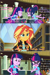 Size: 1505x2250 | Tagged: safe, artist:syringe-rifle-hornet, sci-twi, sunset shimmer, twilight sparkle, equestria girls, g4, argument, buzz lightyear, male, scene interpretation, spanish, toy story, toy story 2, twolight, twolight timeline, woody