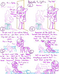 Size: 4779x6013 | Tagged: safe, artist:adorkabletwilightandfriends, lily, lily valley, spike, twilight sparkle, alicorn, dragon, pony, comic:adorkable twilight and friends, g4, adorkable, adorkable twilight, awkward, awkward conversation, awkward moment, awkward smile, bed, bedroom, comic, conversation, cute, dork, female, humor, innuendo, magazine, male, mare, missing cutie mark, nervous, sitting, slice of life, smiling, sweat, sweating profusely, the birds and the bees, the talk, twilight sparkle (alicorn), walking