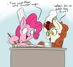 Size: 2400x2200 | Tagged: safe, artist:rocket-lawnchair, autumn blaze, pinkie pie, earth pony, kirin, pony, g4, awwtumn blaze, baking, book, bowl, chef's hat, cookbook, cute, dialogue, diapinkes, duo, duo female, egg, female, friendshipping, gradient background, hat, high res, hoof hold, mare, measuring cup, mixing bowl, no pupils, open mouth, open smile, reading, simple background, smiling, this will end in fire, this will end in nirik