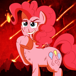 Size: 1500x1500 | Tagged: safe, artist:feralroku, pinkie pie, earth pony, pony, g4, blood, female, fire, mane on fire, nosebleed, raised eyebrow, raised hoof, smiling, solo, wiping