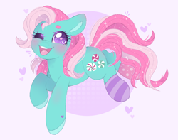 Size: 1886x1489 | Tagged: safe, artist:adostume, minty, earth pony, pony, g3, blushing, circle background, clothes, cute, cutie mark, female, happy, heart eyes, mare, one eye closed, open mouth, simple background, smiling, socks, solo, sparkles, striped socks, teeth, wingding eyes, wink
