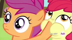 Size: 1280x720 | Tagged: safe, screencap, apple bloom, scootaloo, sweetie belle, earth pony, pegasus, pony, unicorn, g4, somepony to watch over me, cutie mark crusaders, duo, duo female, duo focus, female, hoof in mouth, hub logo, looking up, puffy cheeks