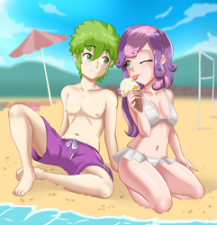 Size: 1854x1920 | Tagged: safe, alternate version, artist:thebrokencog, spike, sweetie belle, human, g4, anime, beach, belly button, bikini, clothes, commission, female, food, human spike, humanized, ice cream, male, one eye closed, partial nudity, sand, ship:spikebelle, shipping, shorts, straight, swimsuit, topless, water, wink