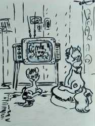 Size: 1622x2160 | Tagged: safe, artist:agm, princess celestia, oc, oc only, earth pony, pony, g4, butt, foal, monochrome, plot, sitting, television