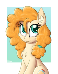 Size: 1250x1600 | Tagged: safe, artist:litrojia, pear butter, earth pony, pony, g4, abstract background, cheek fluff, chest fluff, cute, ear fluff, female, looking at you, mare, pearabetes, sitting, smiling, solo