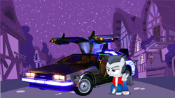 Size: 2500x1406 | Tagged: safe, artist:fruft, artist:jawsandgumballfan24, rumble, pegasus, pony, g4, back to the future, car, clothes, colt, delorean, dmc delorean, foal, male, marty mcfly, night, nike, nike shoes, ponyville, shoes, sneakers, solo
