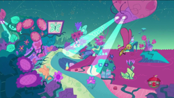 Size: 1920x1080 | Tagged: safe, screencap, butterfly, g4.5, my little pony: pony life, the fluttershy effect, aircraft, dystopia, flower, night, treehouse logo