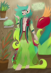 Size: 2480x3508 | Tagged: safe, artist:lunathemoongod, oc, oc only, oc:glorymoon blossom, earth pony, original species, plant pony, anthro, clothes, high res, plant, solo, wood