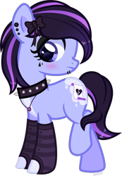 Size: 4000x5773 | Tagged: safe, artist:n0kkun, oc, oc only, oc:season tears, earth pony, pony, blushing, bow, choker, clothes, ear piercing, earring, eyeshadow, female, hair bow, jewelry, lip piercing, makeup, mare, markings, necklace, piercing, raised leg, simple background, socks, solo, spiked choker, striped socks, transparent background