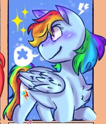 Size: 1071x1253 | Tagged: safe, alternate version, artist:littletrash1027, rainbow dash, pegasus, pony, g4, chest fluff, female, looking back, mare, offscreen character, pictogram, smiling